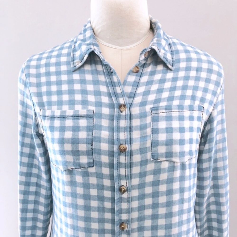 Love Notes Blue Button Down Plaid Checkered Top - image 3